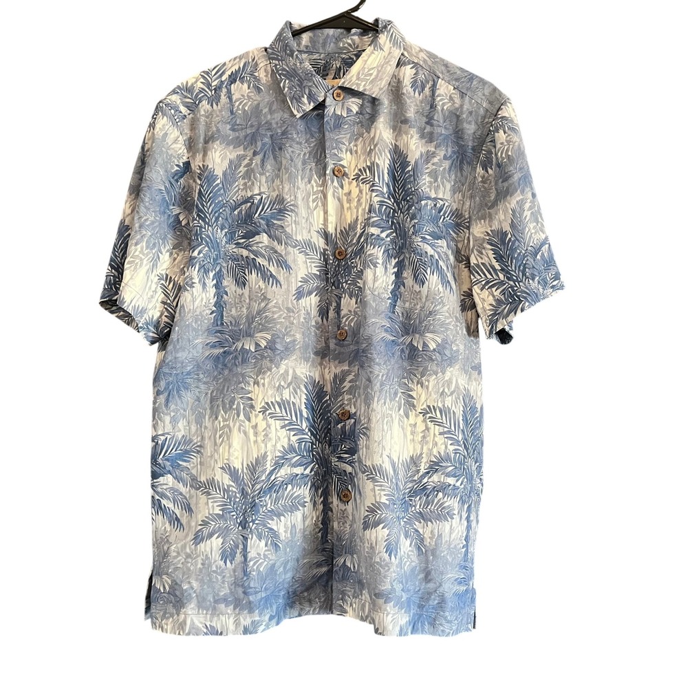 Tommy Bahama Mens Medium Blue White Palm Tree 100% Silk Short Sleeve Aloha Shirt